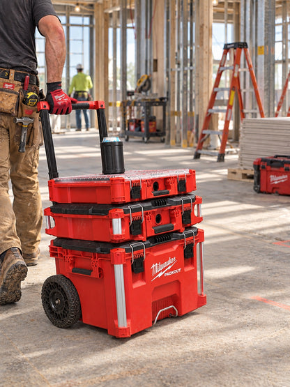 BHIND Can Holder mounted on a Milwaukee PACKOUT setup at a jobsite