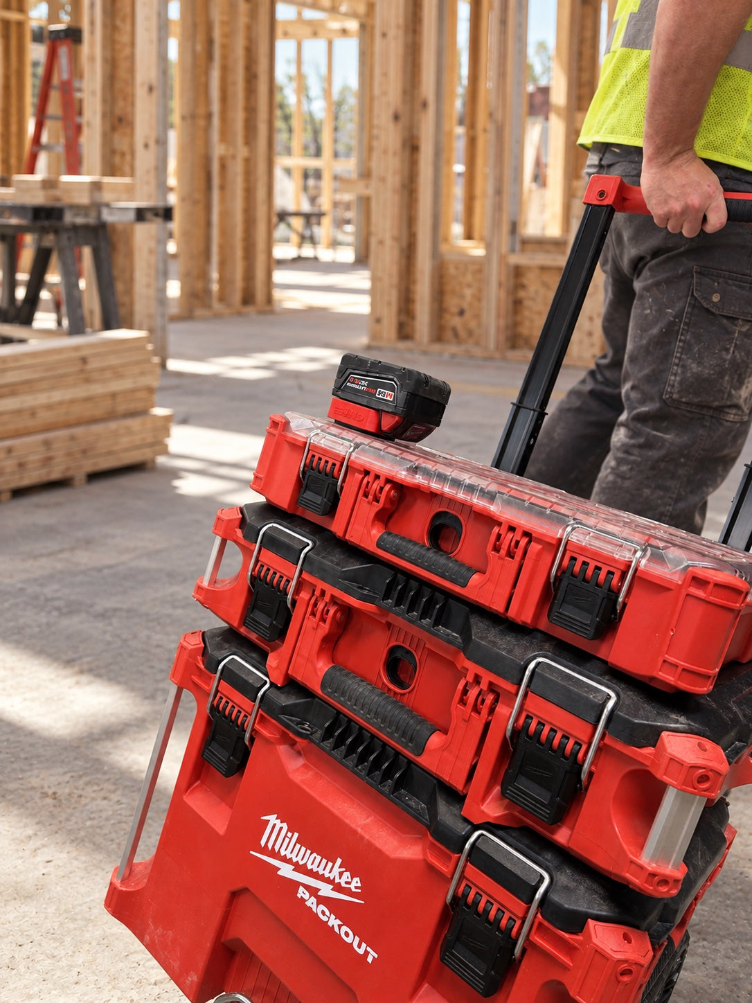 BHIND M18 Battery Mount holding a Milwaukee M18 battery on a PACKOUT setup at a jobsite