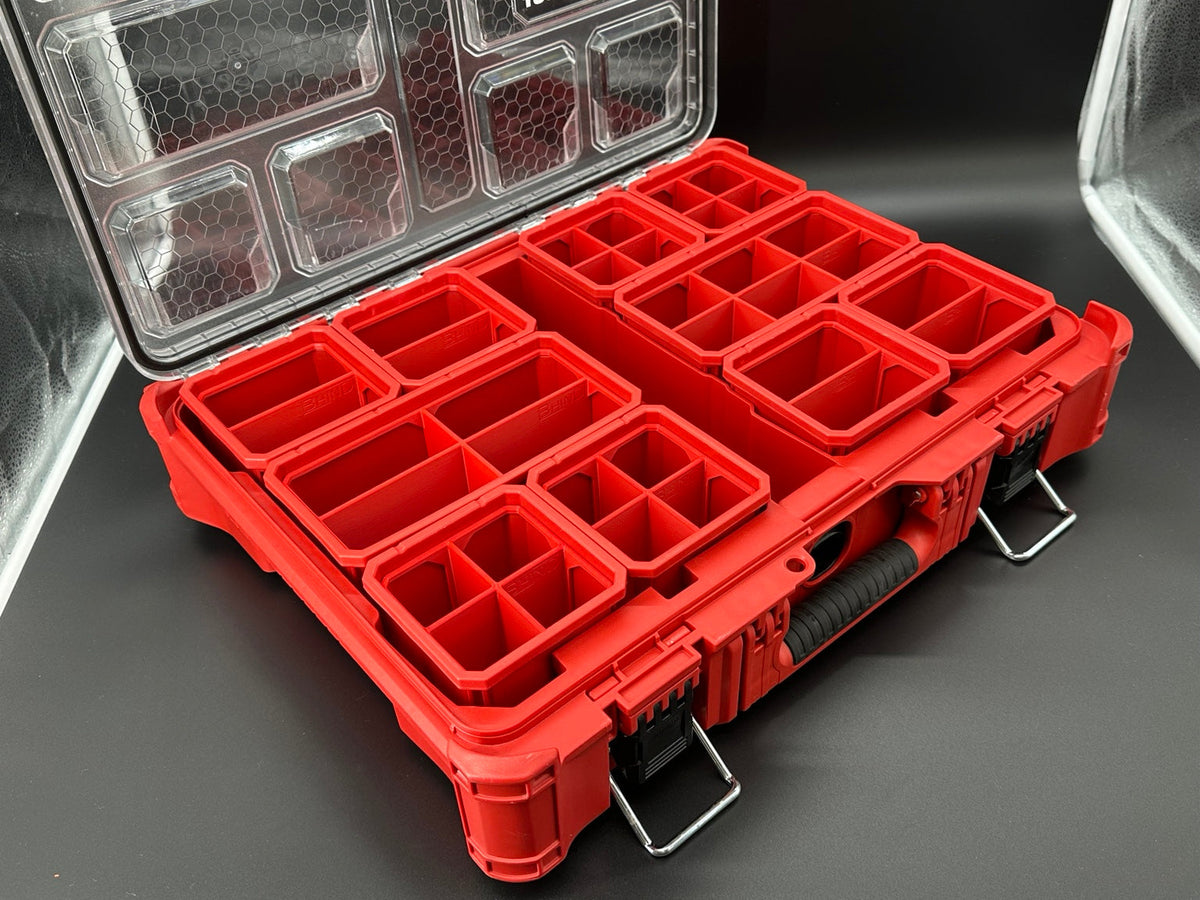 Milwaukee PACKOUT organizer fitted with red BHIND SB2 and SB4 dividers