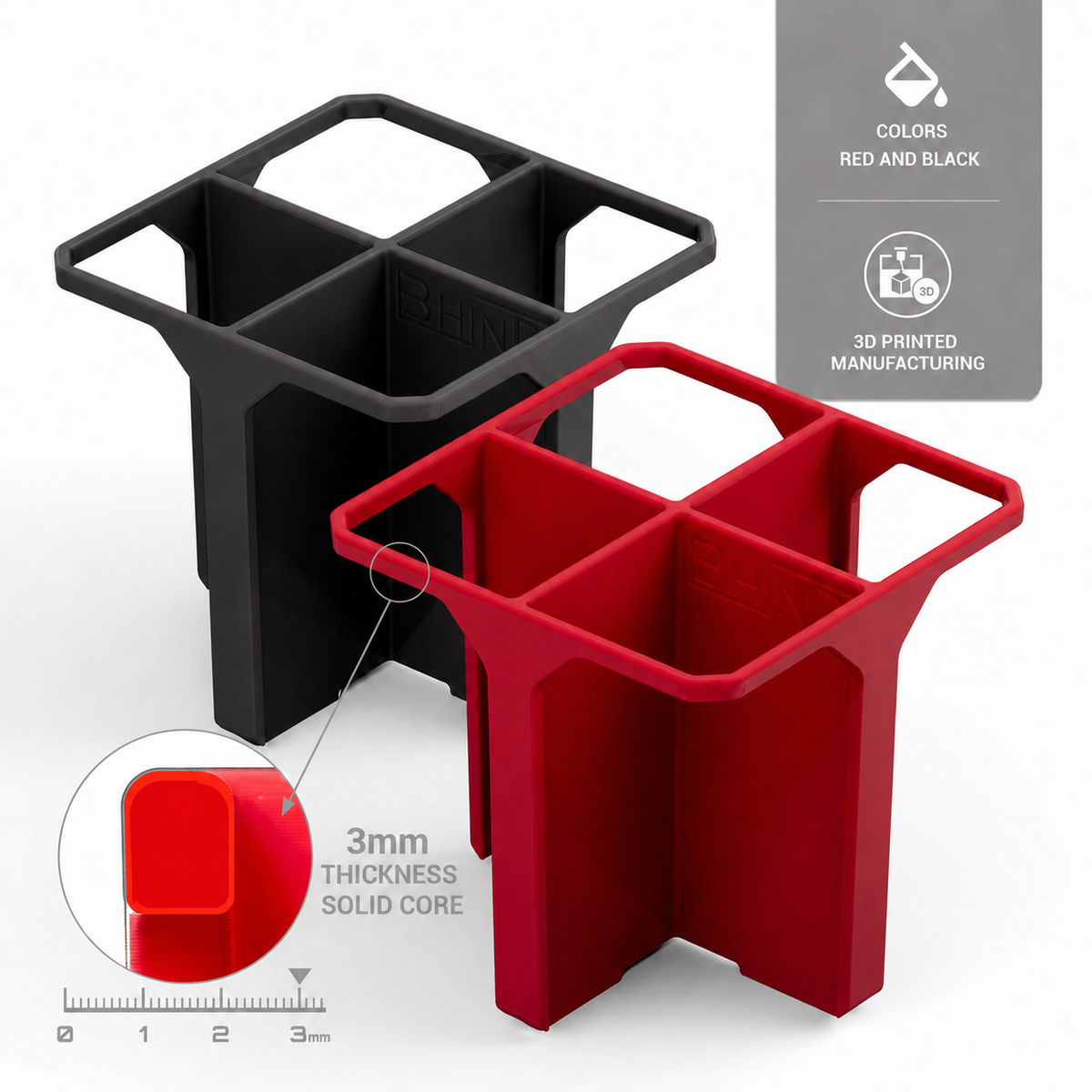 SB4 divider technical view with 3 mm solid core, red and black colors, and 3D printed manufacturing