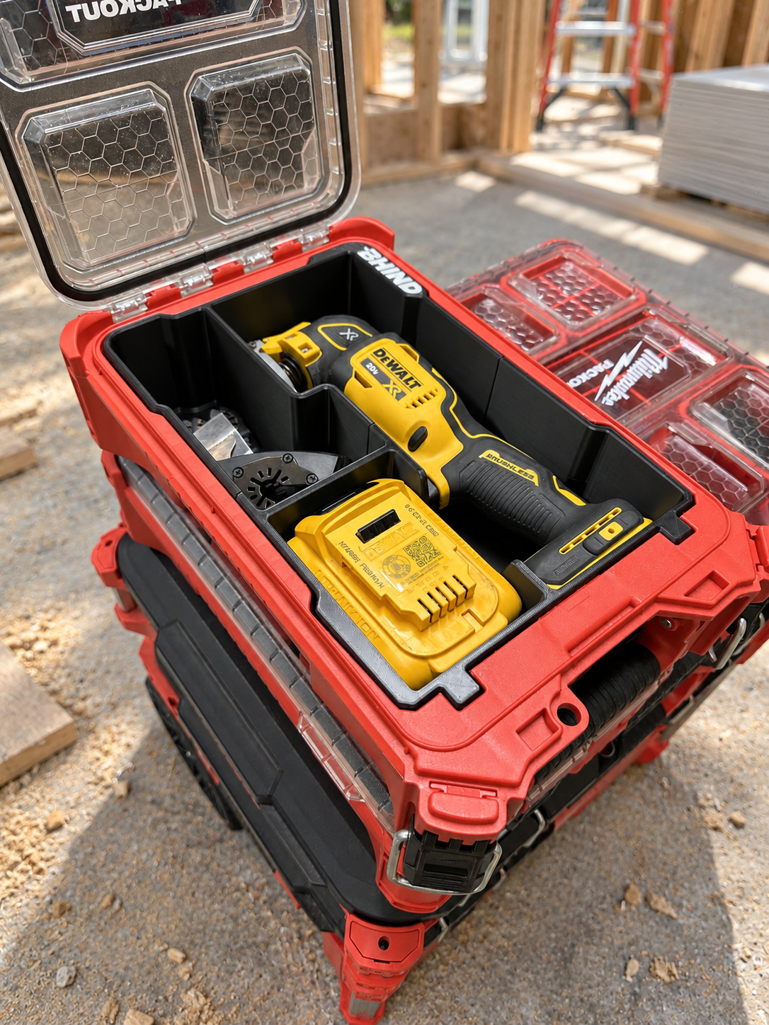 BHIND tool insert organizing a DEWALT DCS356 oscillating multi-tool inside a Milwaukee PACKOUT Compact Organizer.