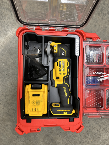 BHIND DCS356 Tool Insert holding a DEWALT DCS356 with battery, original accessories and blades in a Milwaukee PACKOUT Compact Organizer.