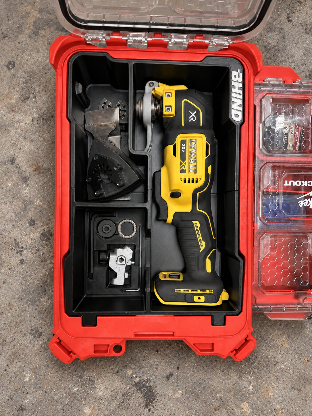 Top view of the BHIND DCS356 Tool Insert and its storage layout inside a Milwaukee PACKOUT Compact Organizer.
