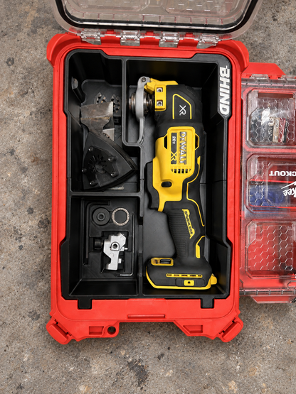 Top view of the BHIND DCS356 Tool Insert and its storage layout inside a Milwaukee PACKOUT Compact Organizer.